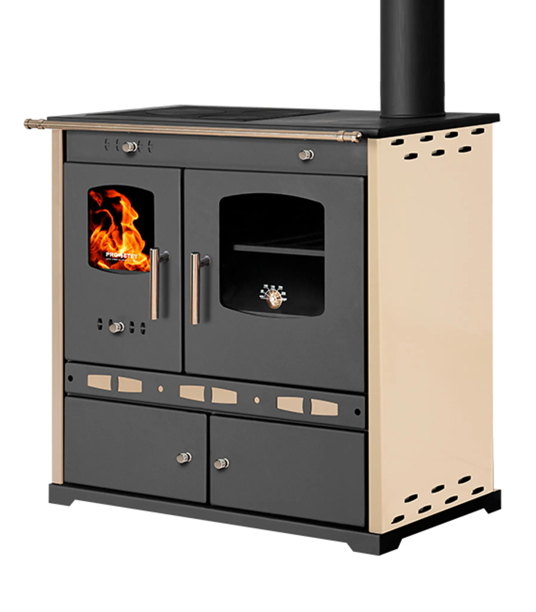 Holzofen P. Eco LUX Ivory - 7.38 kW Gusseisenplatte Kochherd Kaminofen – Bild 3