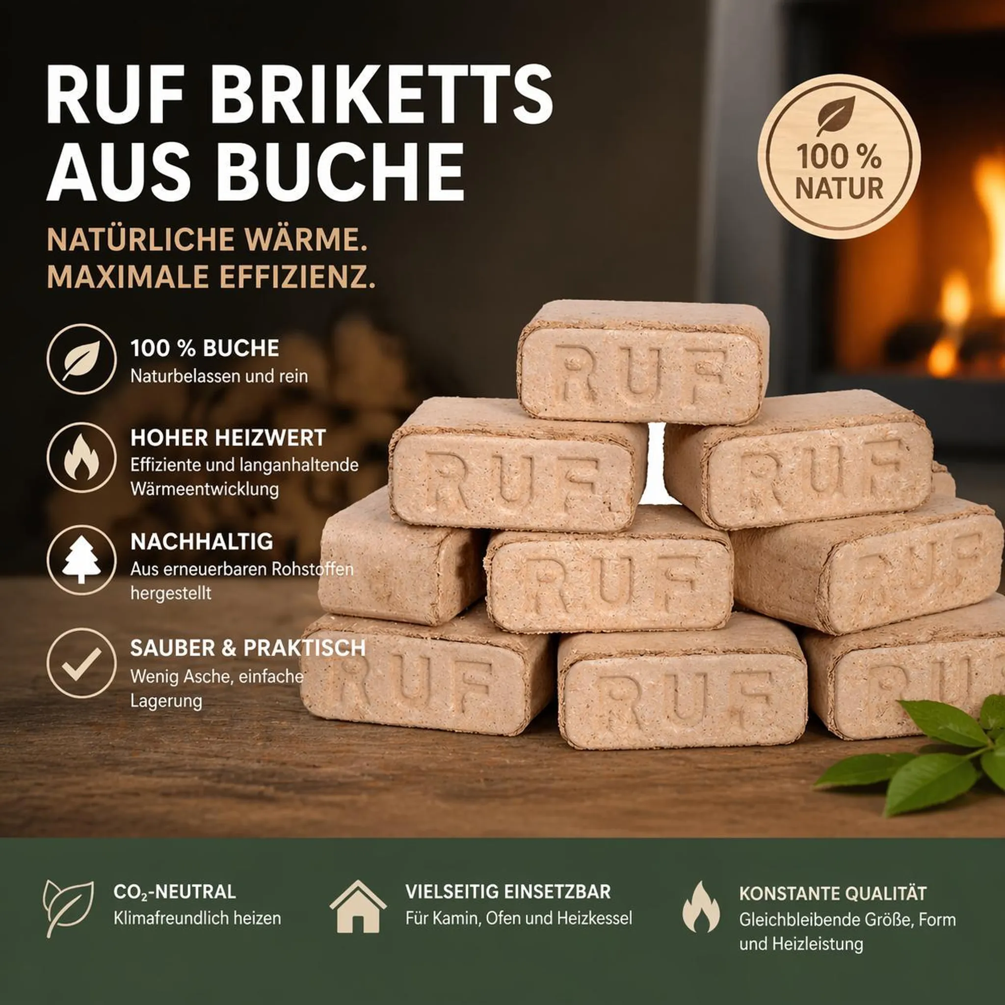 RUF BRIKETTS, 100% Buche – 960 kg Palette (96 Packengen je 10 kg) Hartholzbriketts – Kaminbriketts Ofenbriketts – für Kaminöfen, Brennholz Briketts – Bild 3